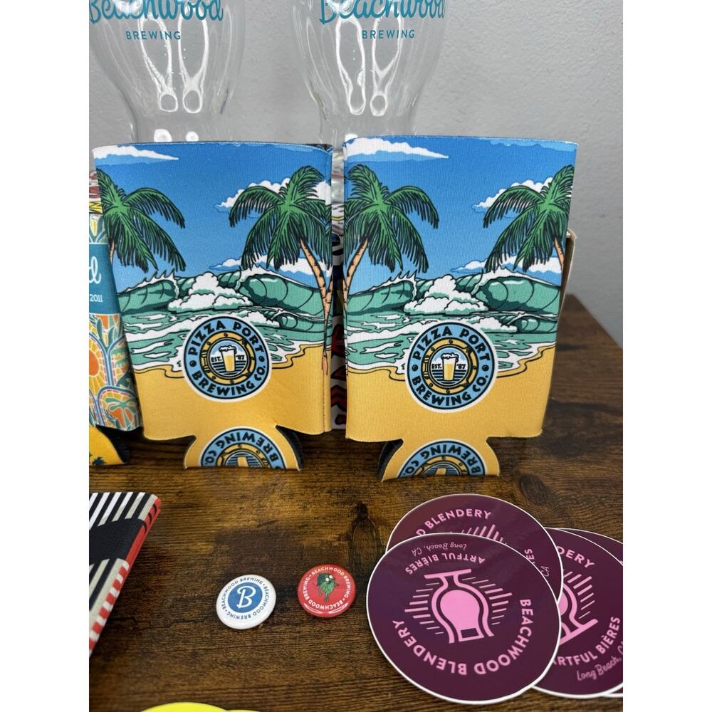 Beachwood Brewing California Series Curvy Beer Glass Set Koozie Stickers USA - Picture 6 of 10